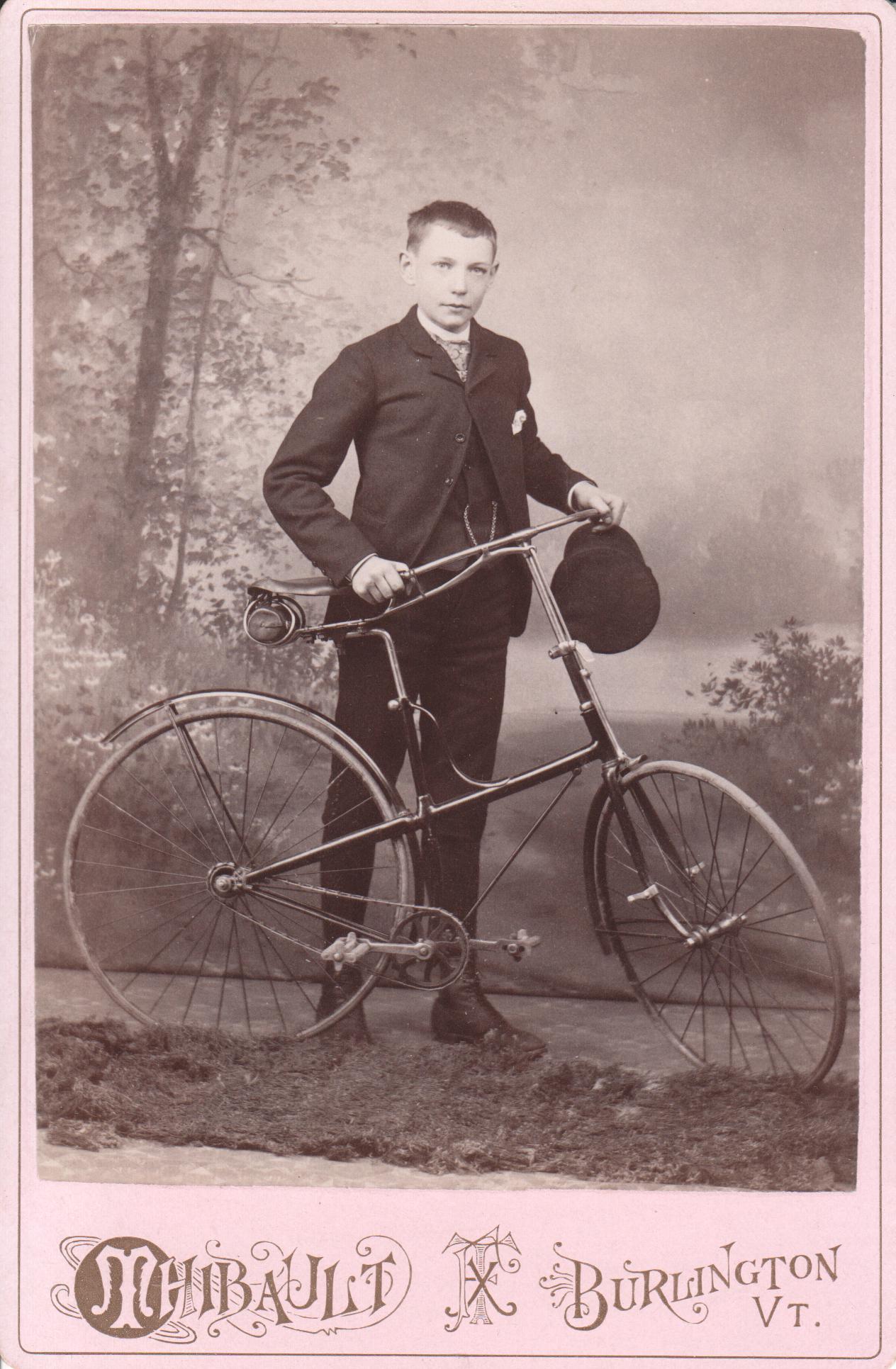Boy with solid tire safety - Burlington Vt. - Circa 1890